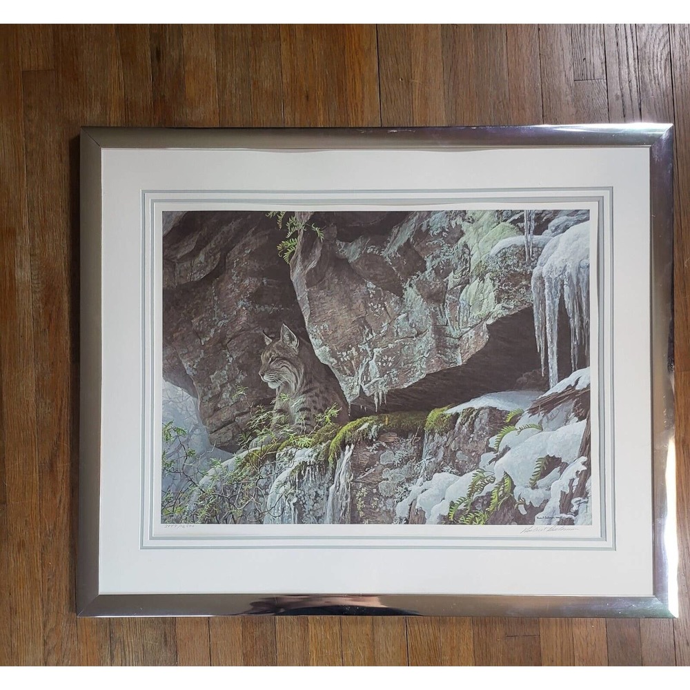 Robert Bateman "At The Cliff" - Bobcat Signed 3849/12500 Framed Print & 2 COA's